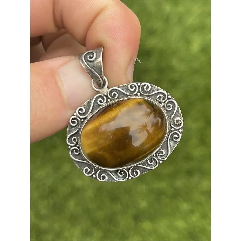 Vintage Sterling Silver Necklace 925 Pendant Tigers Eye Brown Stone